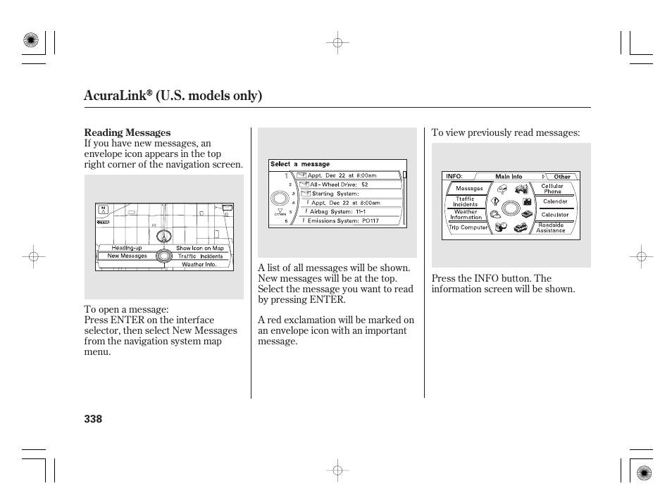 Acuralink (u.s. models only) | Acura 2011 RL User Manual | Page 344 / 562