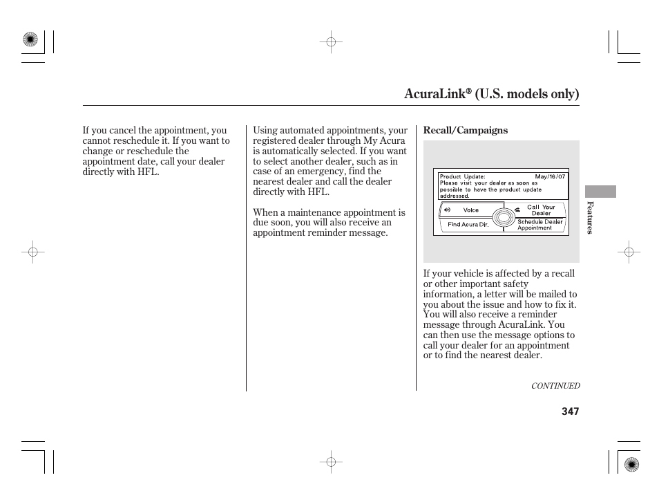 Acuralink (u.s. models only) | Acura 2011 RL User Manual | Page 353 / 562