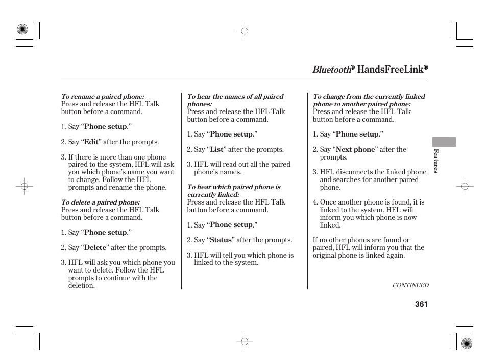 Handsfreelink, Bluetooth | Acura 2011 RL User Manual | Page 367 / 562