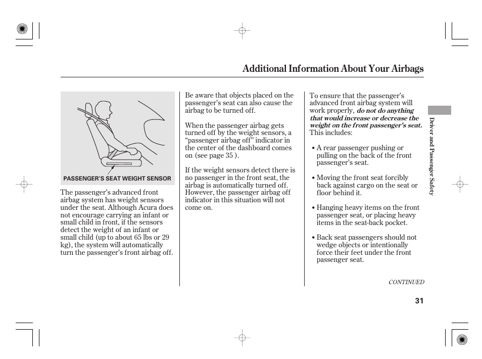 Additional information about your airbags | Acura 2011 RL User Manual | Page 37 / 562