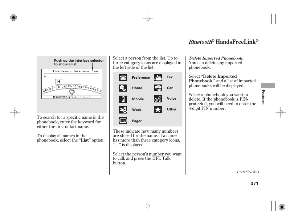 Handsfreelink, Bluetooth | Acura 2011 RL User Manual | Page 377 / 562