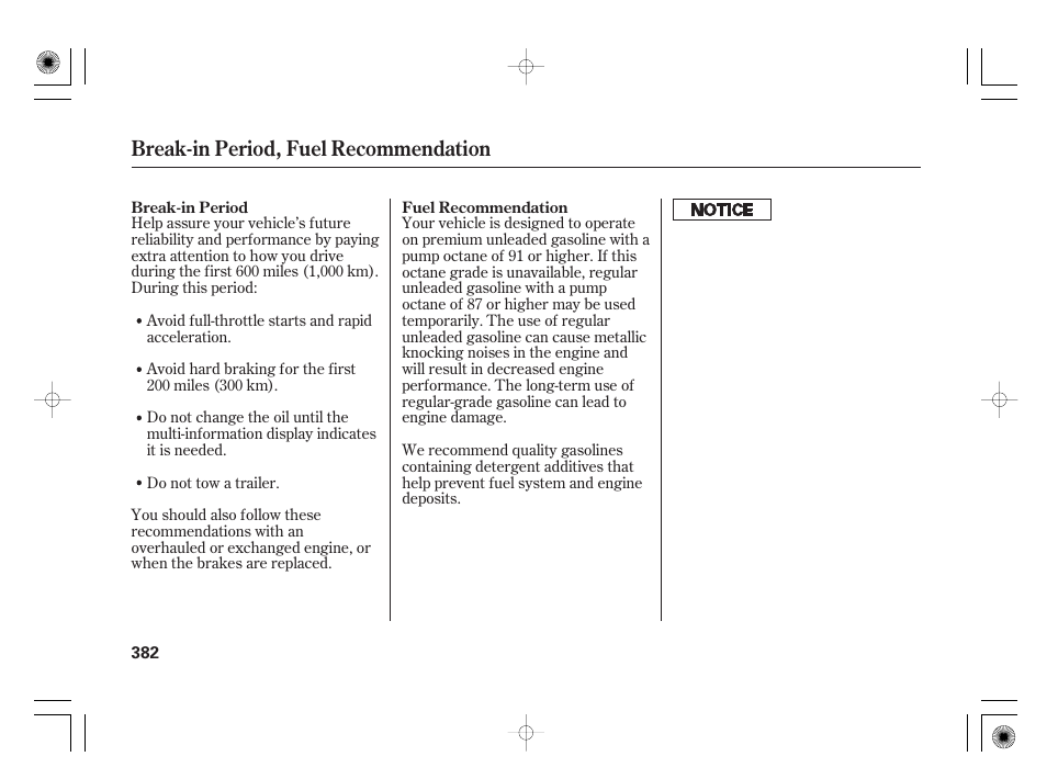 Break-in period, fuel recommendation | Acura 2011 RL User Manual | Page 388 / 562