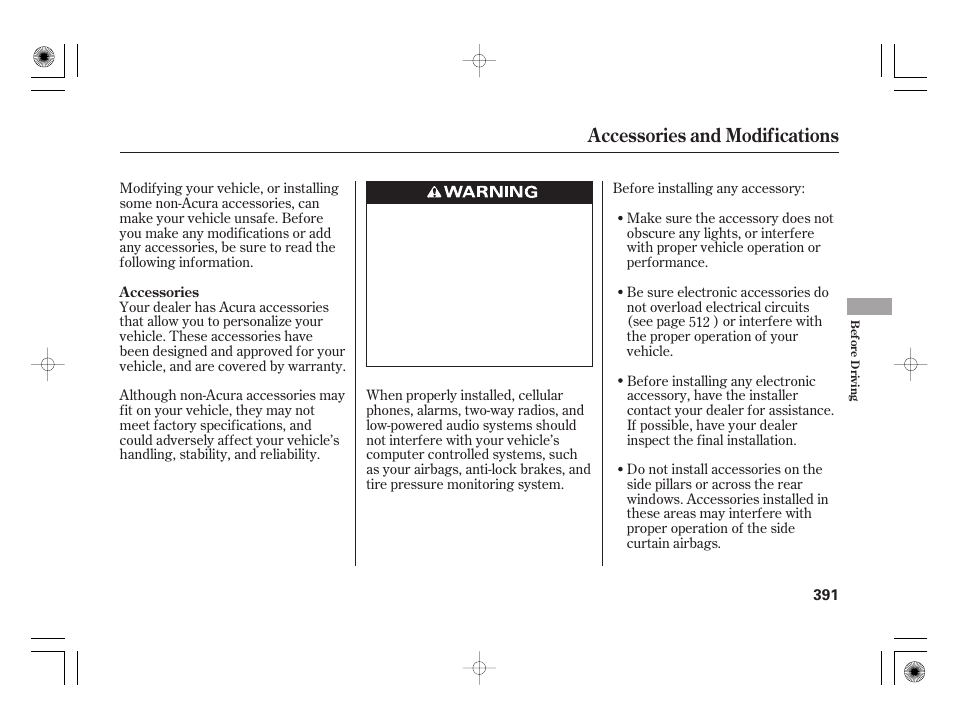 Accessories and modifications | Acura 2011 RL User Manual | Page 397 / 562