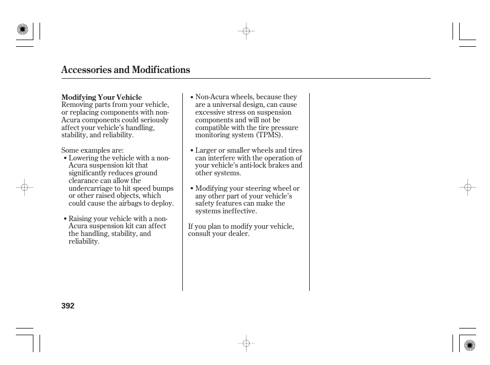 Accessories and modifications | Acura 2011 RL User Manual | Page 398 / 562