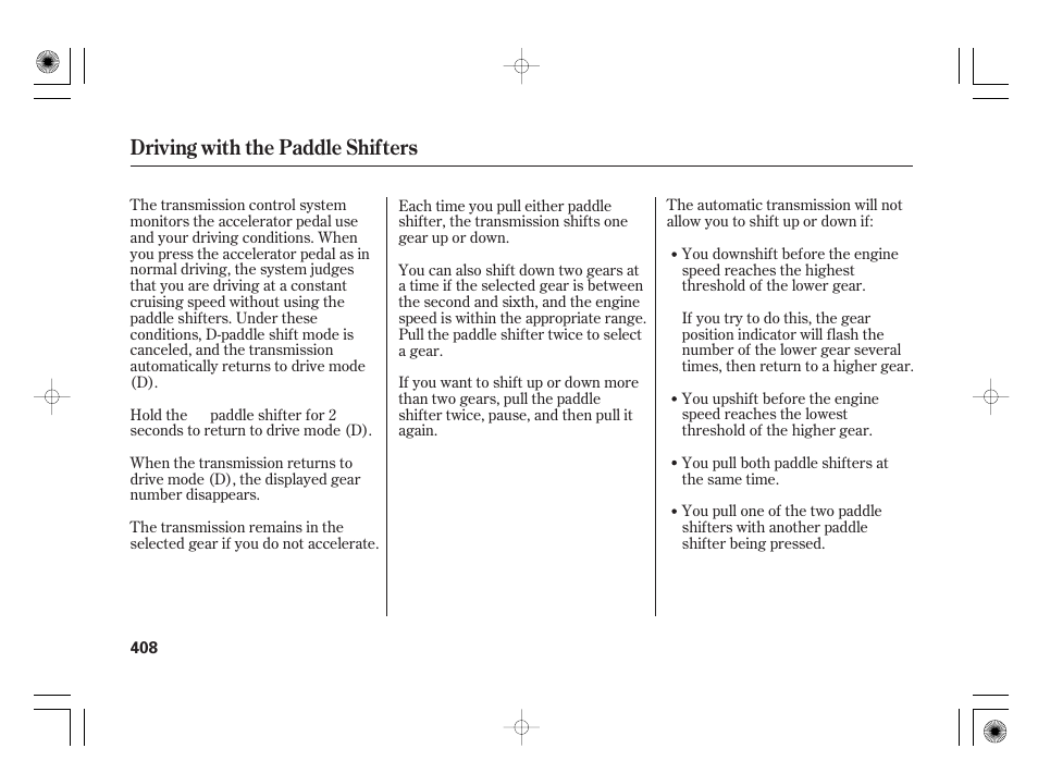 Driving with the paddle shifters | Acura 2011 RL User Manual | Page 414 / 562