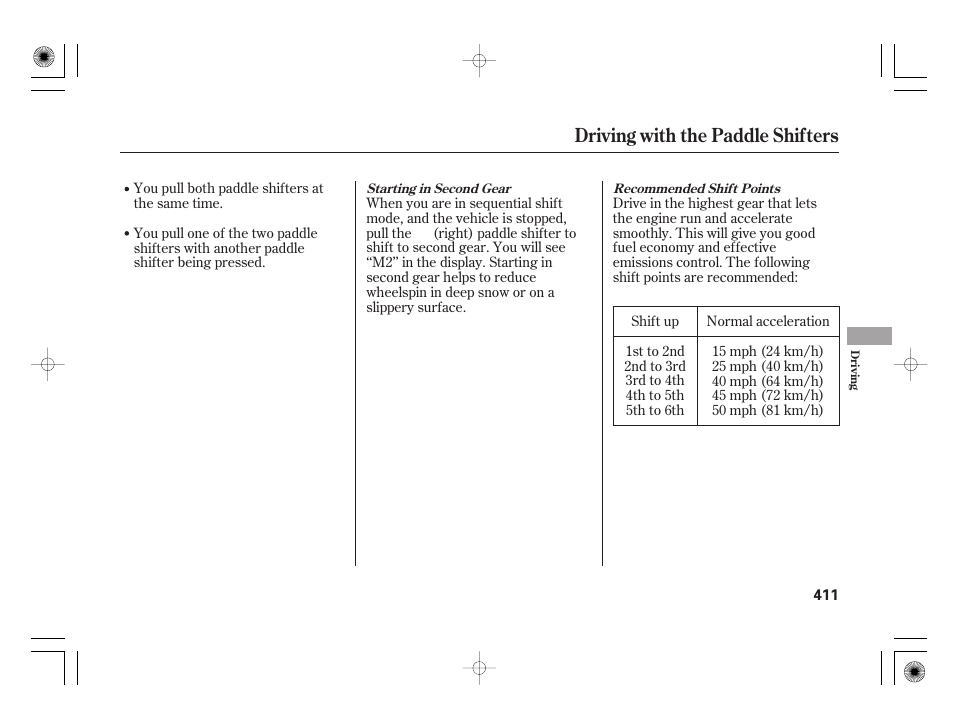 Driving with the paddle shifters | Acura 2011 RL User Manual | Page 417 / 562