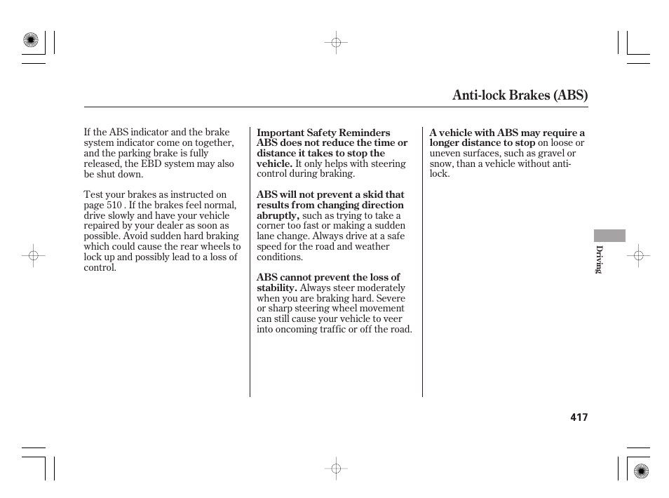 Anti-lock brakes (abs) | Acura 2011 RL User Manual | Page 423 / 562