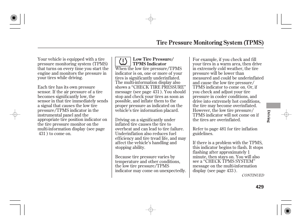 Tire pressure monitoring system (tpms) | Acura 2011 RL User Manual | Page 435 / 562