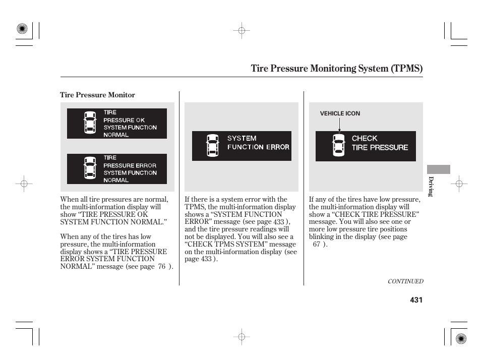 Tire pressure monitoring system (tpms) | Acura 2011 RL User Manual | Page 437 / 562