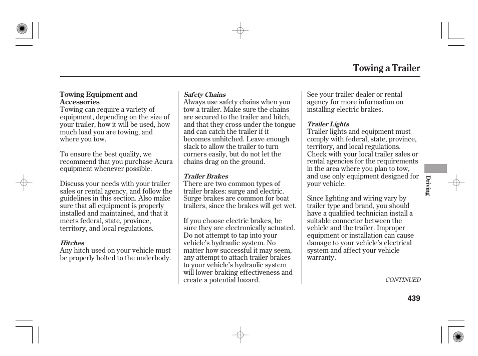 Towing a trailer | Acura 2011 RL User Manual | Page 445 / 562