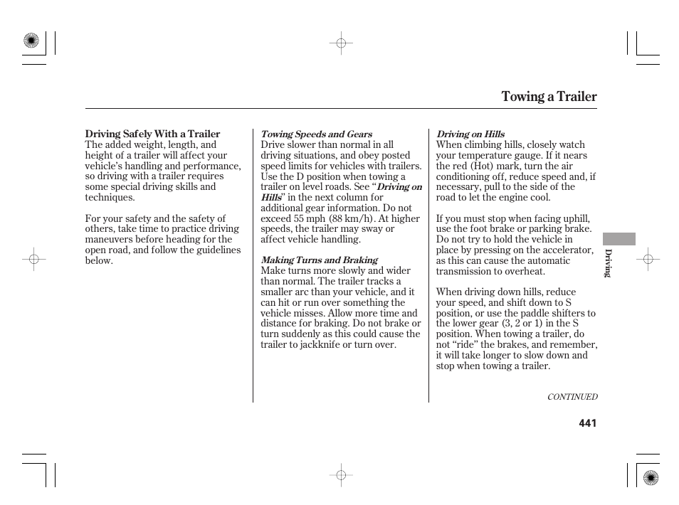 Towing a trailer | Acura 2011 RL User Manual | Page 447 / 562