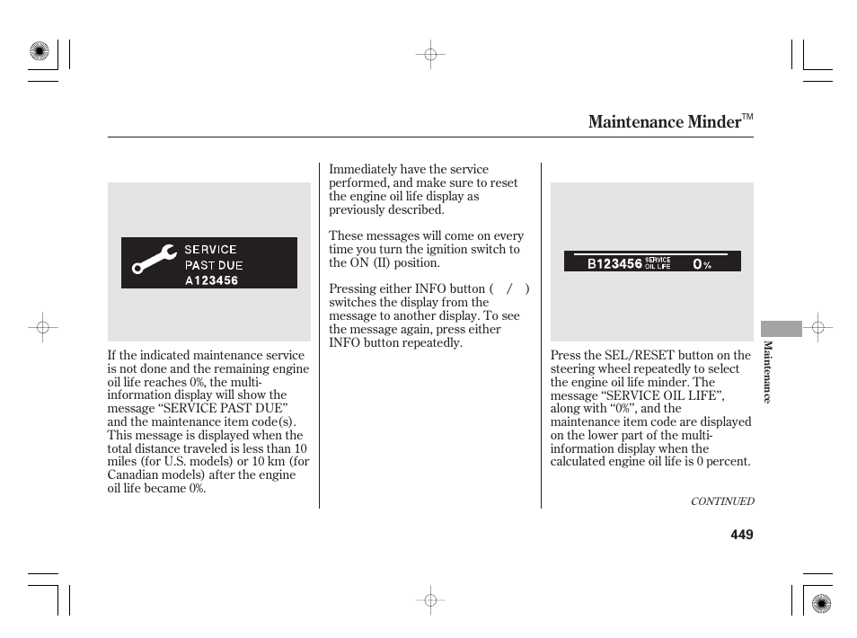 Maintenance minder | Acura 2011 RL User Manual | Page 455 / 562