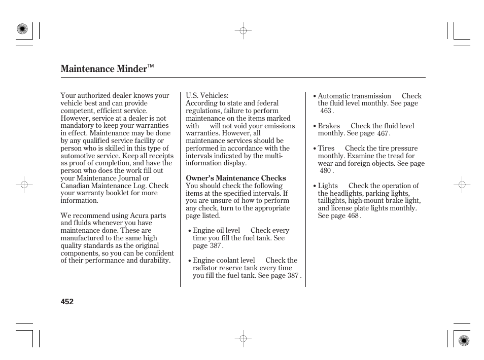 Maintenance minder | Acura 2011 RL User Manual | Page 458 / 562