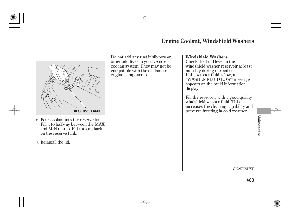 Engine coolant, windshield washers | Acura 2011 RL User Manual | Page 469 / 562