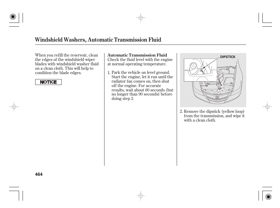 Windshield washers, automatic transmission fluid | Acura 2011 RL User Manual | Page 470 / 562