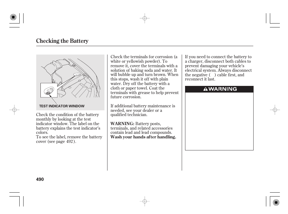 Checking the battery | Acura 2011 RL User Manual | Page 496 / 562