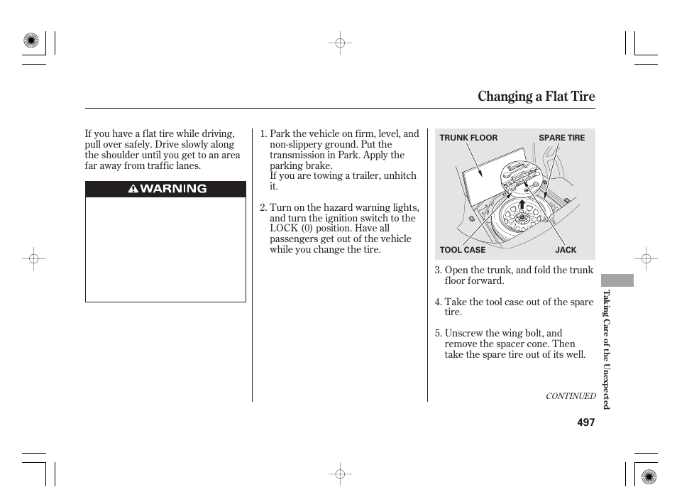 Changing a flat tire | Acura 2011 RL User Manual | Page 503 / 562