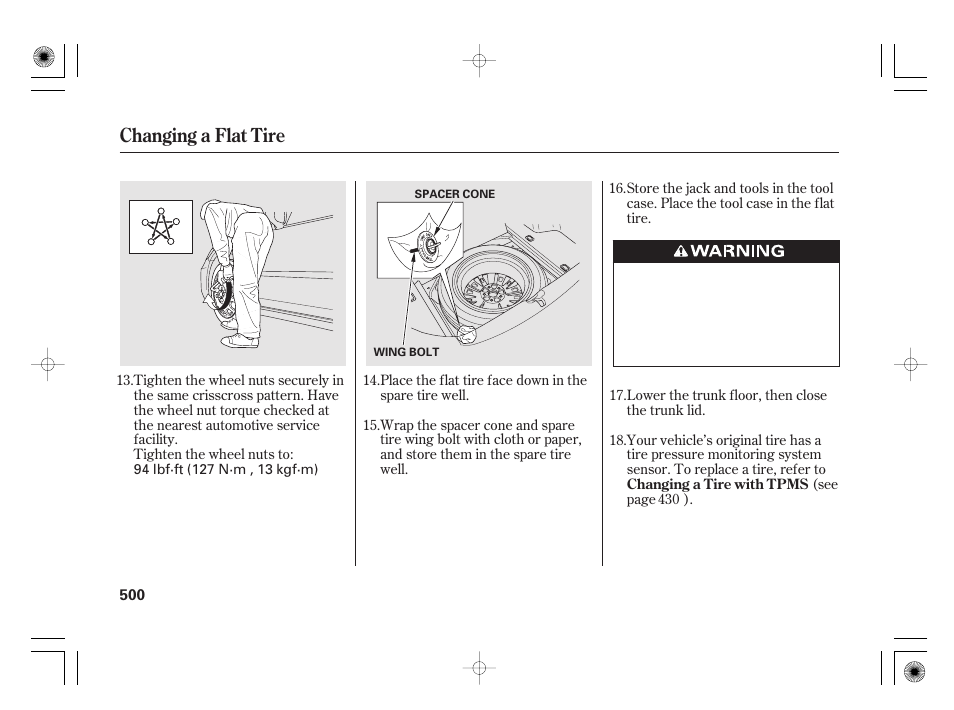 Changing a flat tire | Acura 2011 RL User Manual | Page 506 / 562