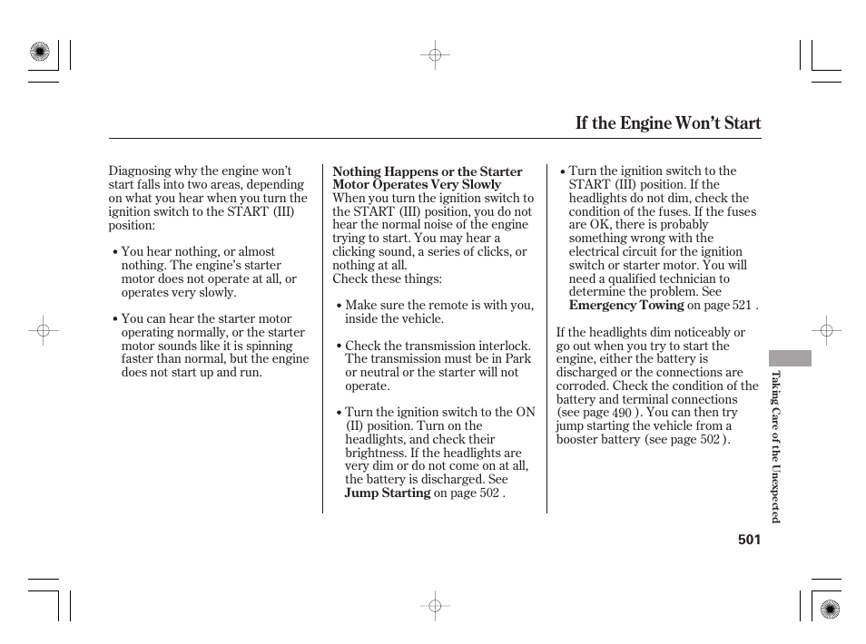 If the engine won’t start | Acura 2011 RL User Manual | Page 507 / 562