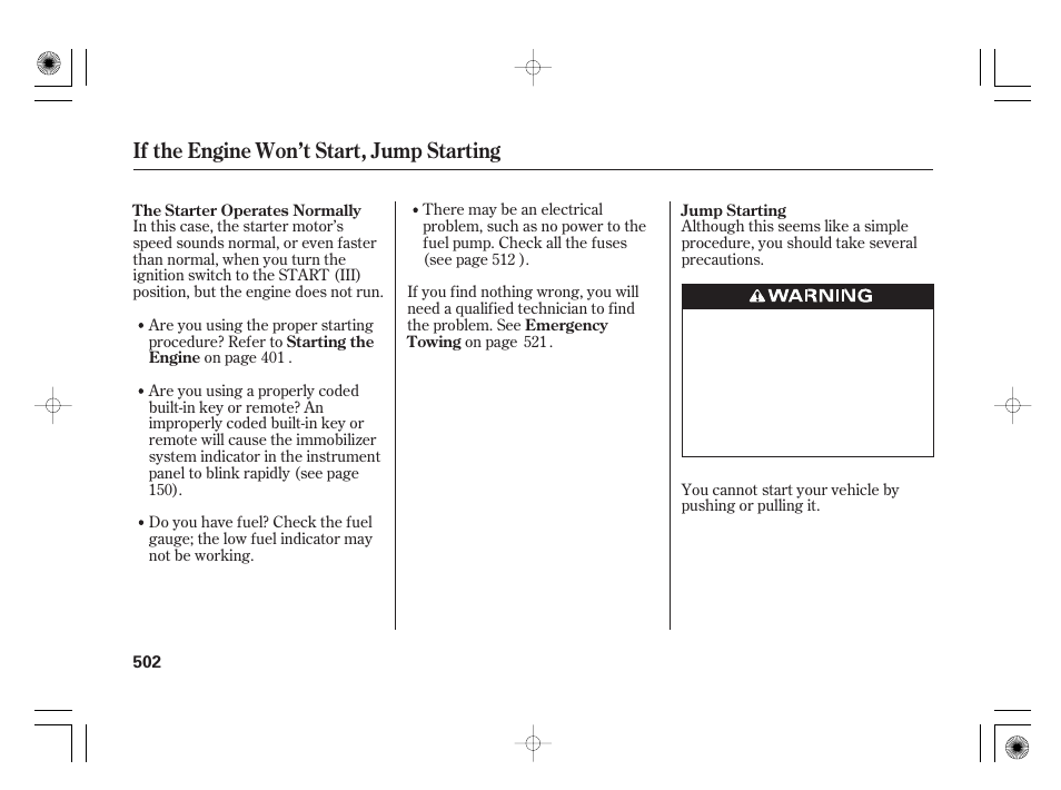 If the engine won’t start, jump starting | Acura 2011 RL User Manual | Page 508 / 562