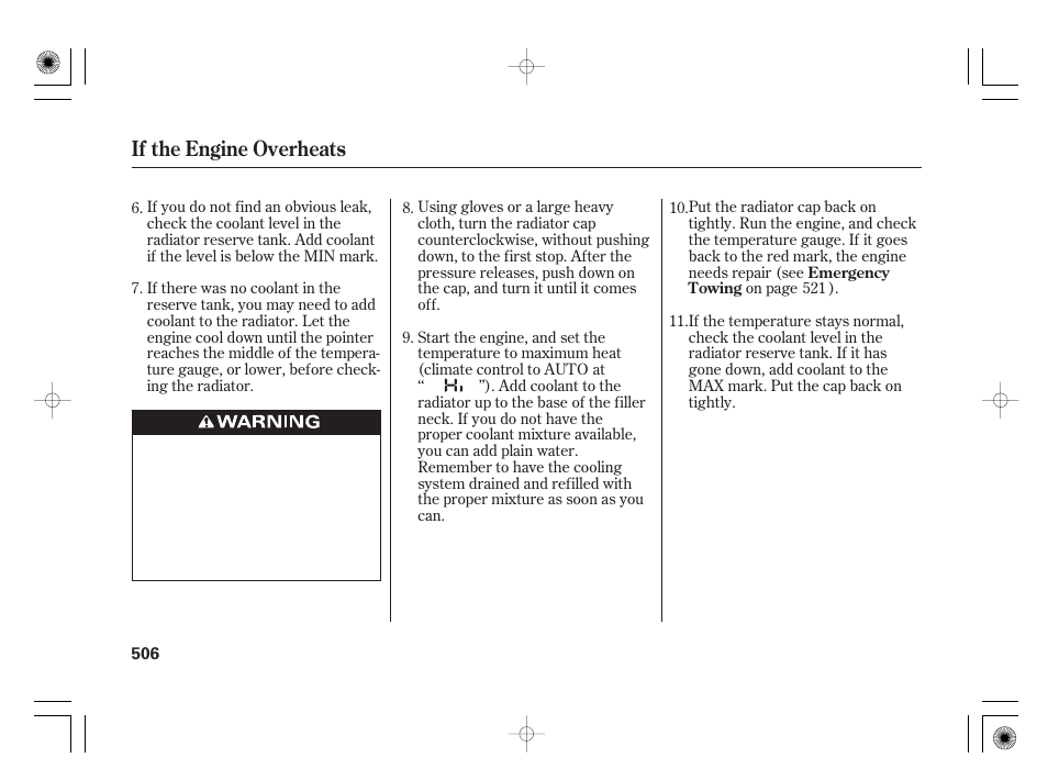 If the engine overheats | Acura 2011 RL User Manual | Page 512 / 562