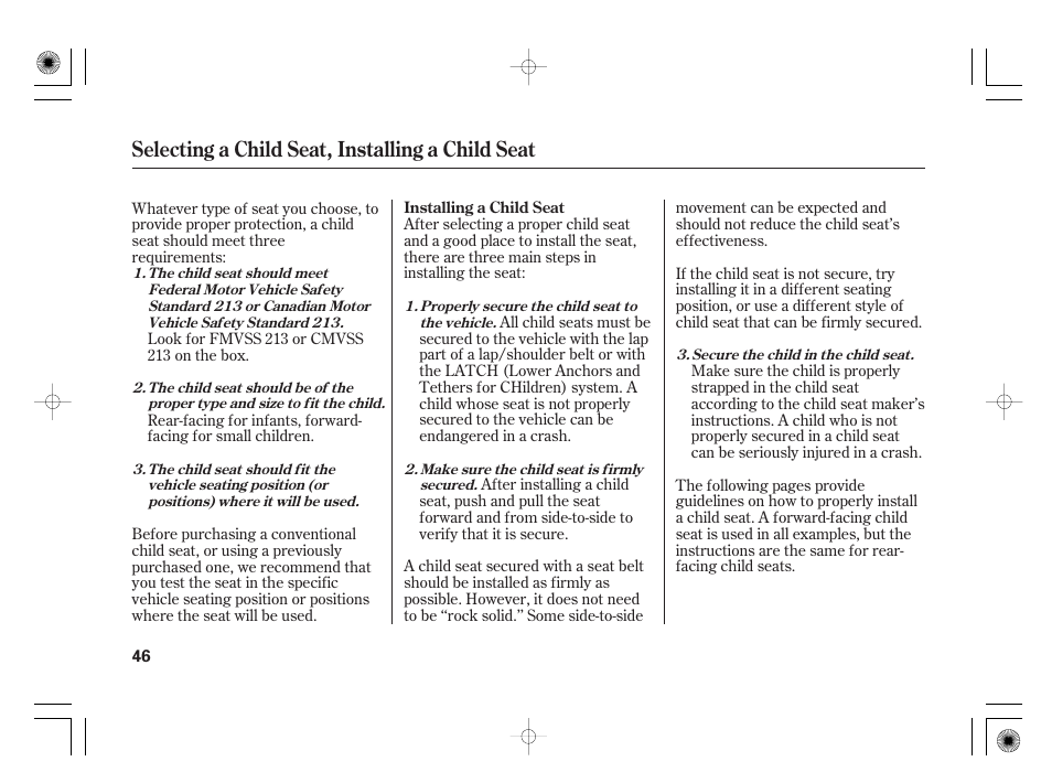 Selecting a child seat, installing a child seat | Acura 2011 RL User Manual | Page 52 / 562