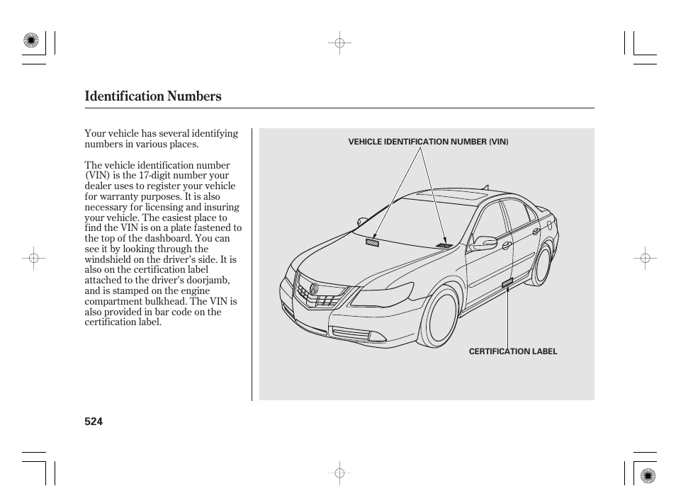 Identification numbers | Acura 2011 RL User Manual | Page 530 / 562