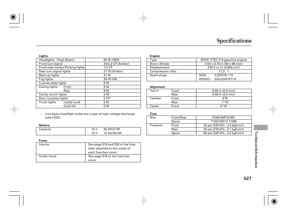 Specifications | Acura 2011 RL User Manual | Page 533 / 562