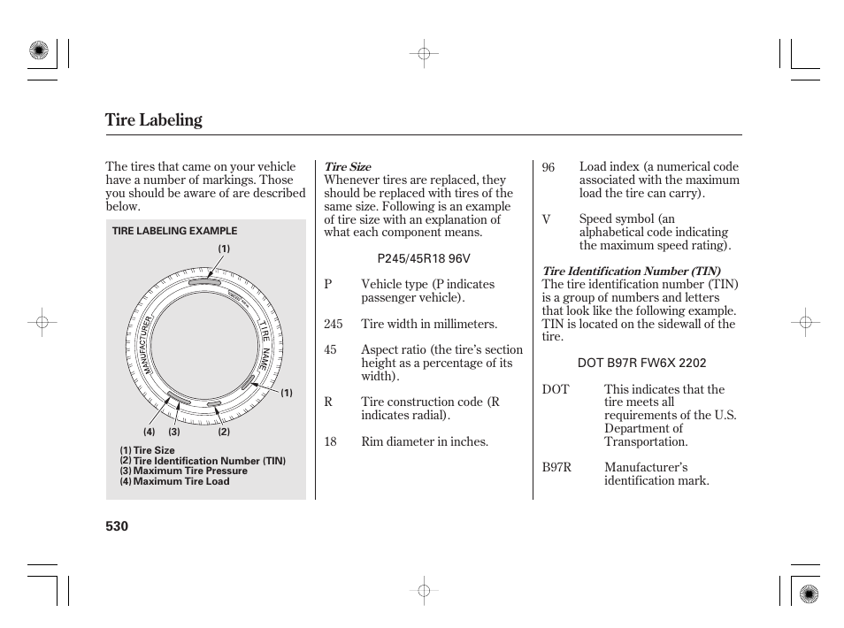 Tire labeling | Acura 2011 RL User Manual | Page 536 / 562