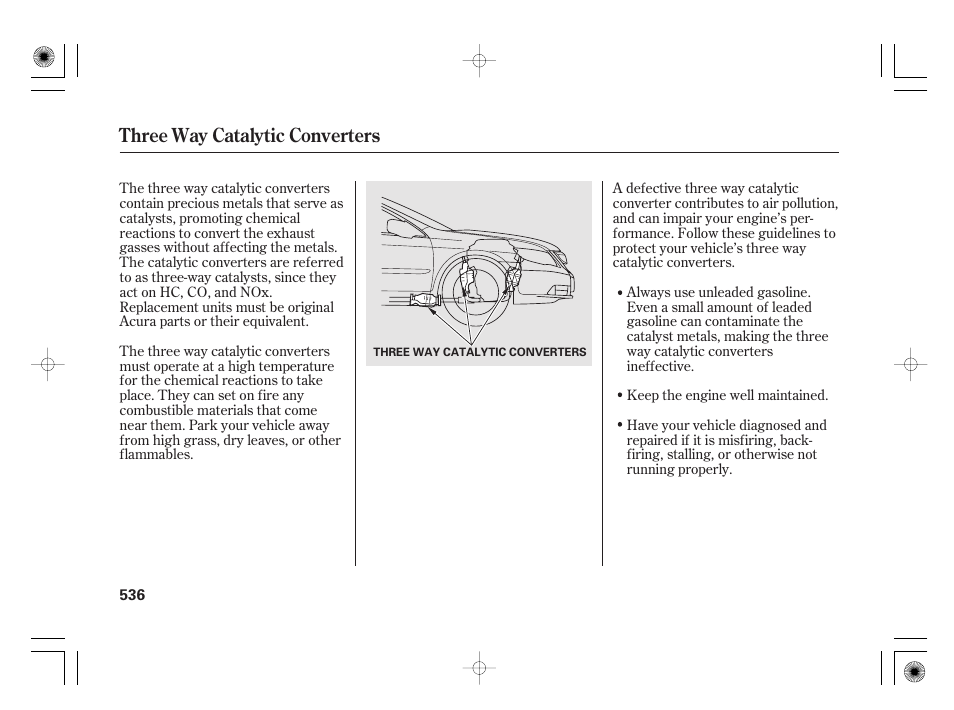 Three way catalytic converters | Acura 2011 RL User Manual | Page 542 / 562