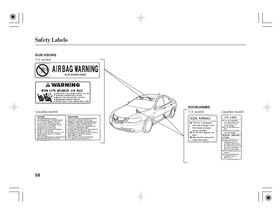 Safety labels | Acura 2011 RL User Manual | Page 64 / 562