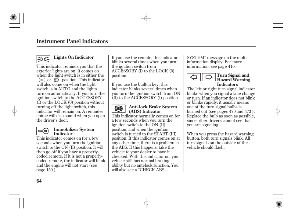 Instrument panel indicators | Acura 2011 RL User Manual | Page 70 / 562