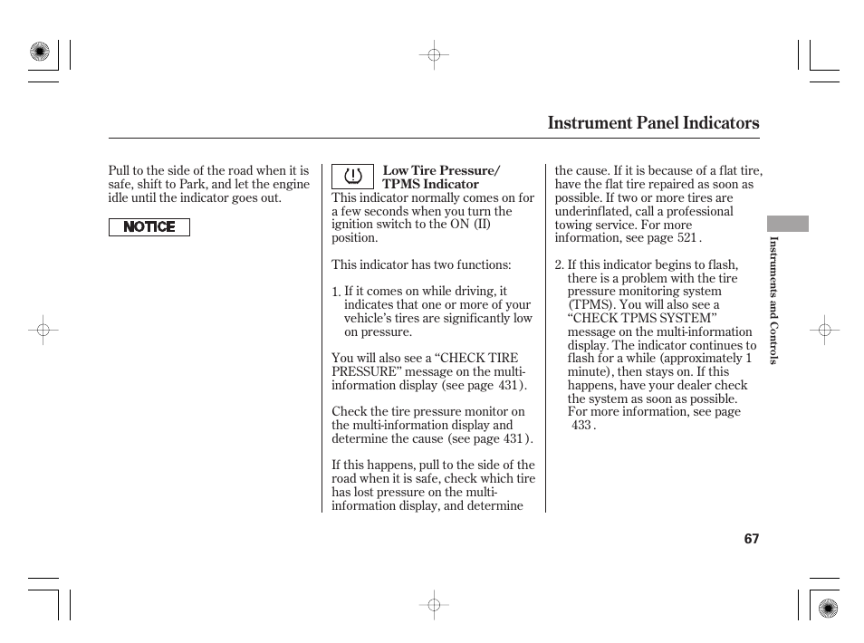 Instrument panel indicators | Acura 2011 RL User Manual | Page 73 / 562