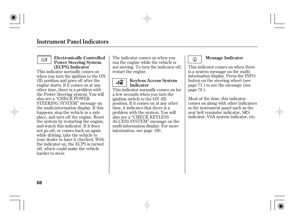 Instrument panel indicators | Acura 2011 RL User Manual | Page 74 / 562