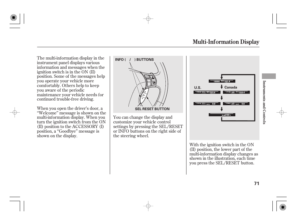 Multi-information display | Acura 2011 RL User Manual | Page 77 / 562