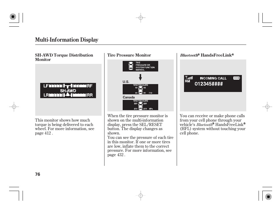 Multi-information display | Acura 2011 RL User Manual | Page 82 / 562