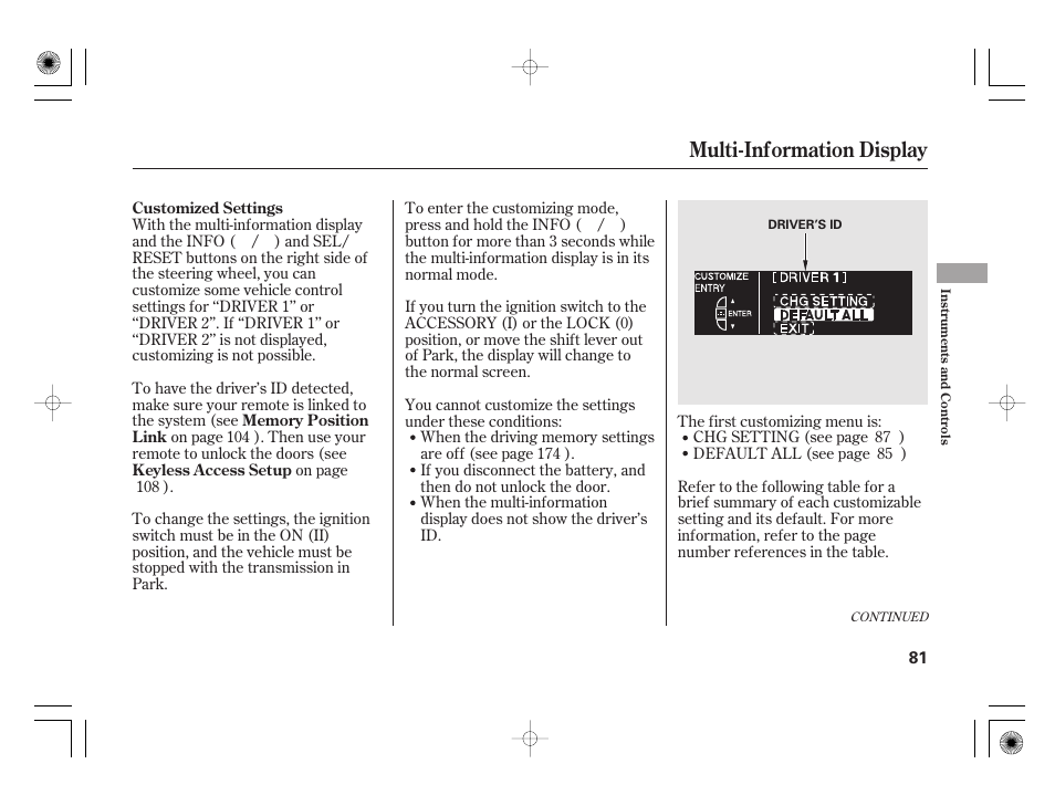 Multi-information display | Acura 2011 RL User Manual | Page 87 / 562