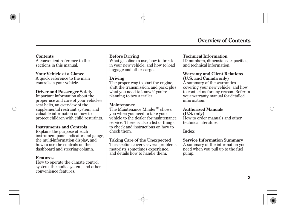 Overview of contents | Acura 2011 RL User Manual | Page 9 / 562