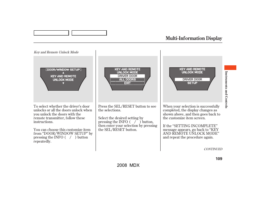 Multi-information display | Acura 2008 MDX User Manual | Page 113 / 489