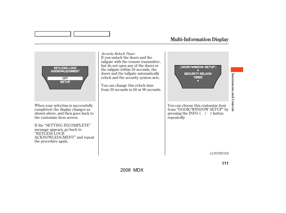 Multi-information display | Acura 2008 MDX User Manual | Page 115 / 489