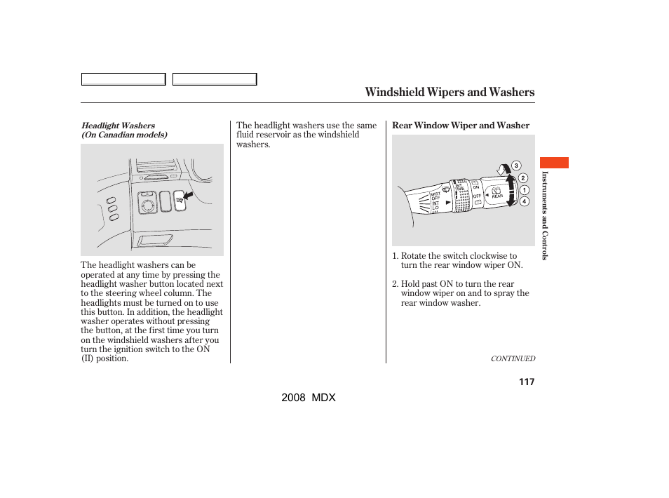 Windshield wipers and washers | Acura 2008 MDX User Manual | Page 121 / 489