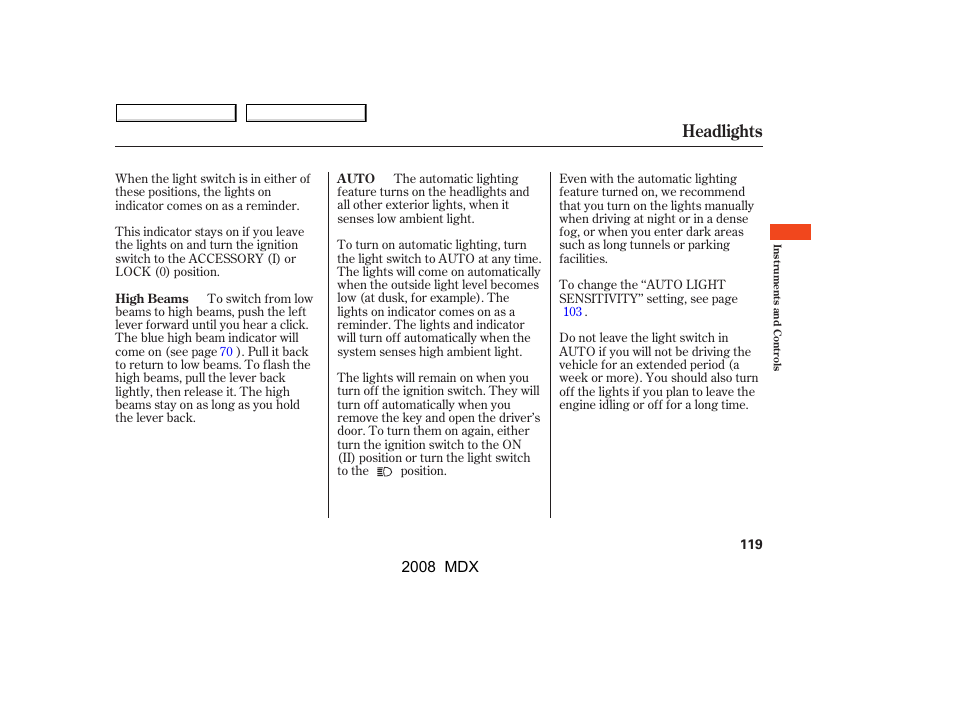 Headlights | Acura 2008 MDX User Manual | Page 123 / 489