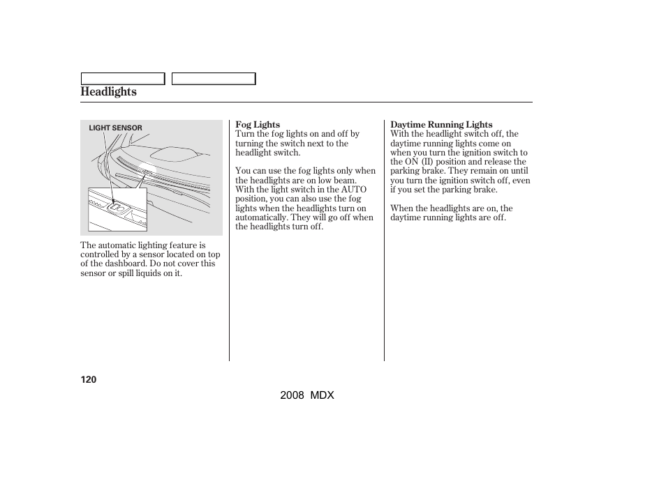 Headlights | Acura 2008 MDX User Manual | Page 124 / 489