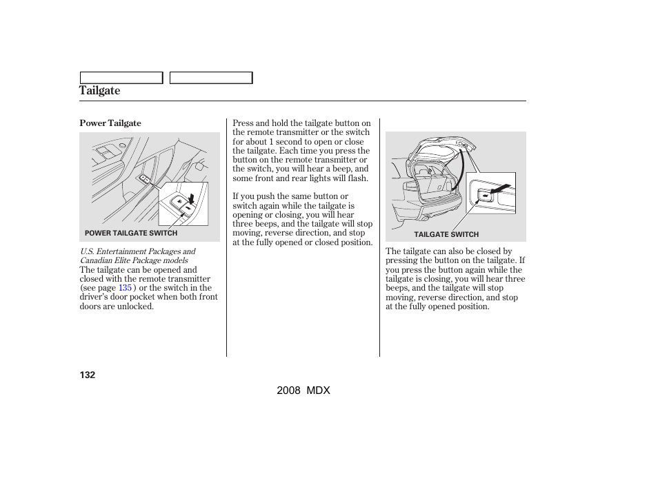 Tailgate | Acura 2008 MDX User Manual | Page 136 / 489