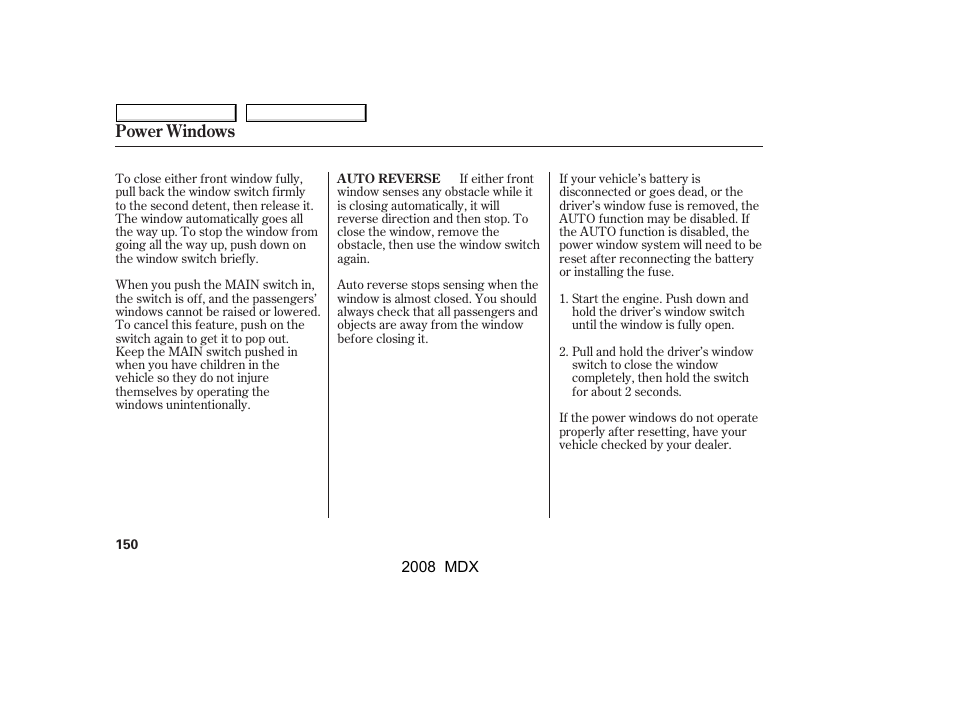 Power windows | Acura 2008 MDX User Manual | Page 154 / 489
