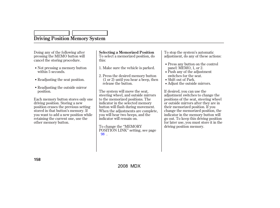 Acura 2008 MDX User Manual | Page 162 / 489