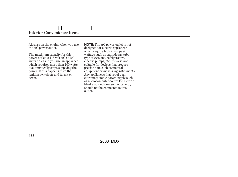 Interior convenience items | Acura 2008 MDX User Manual | Page 172 / 489