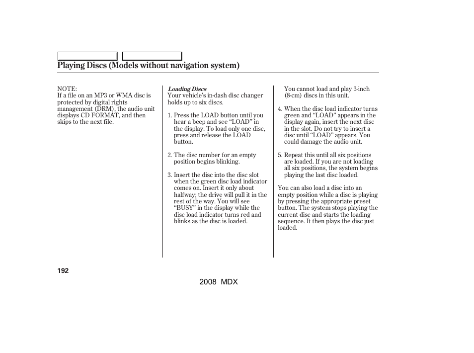 Playing discs (models without navigation system) | Acura 2008 MDX User Manual | Page 196 / 489