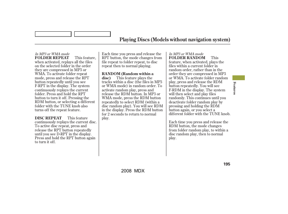 Playing discs (models without navigation system) | Acura 2008 MDX User Manual | Page 199 / 489