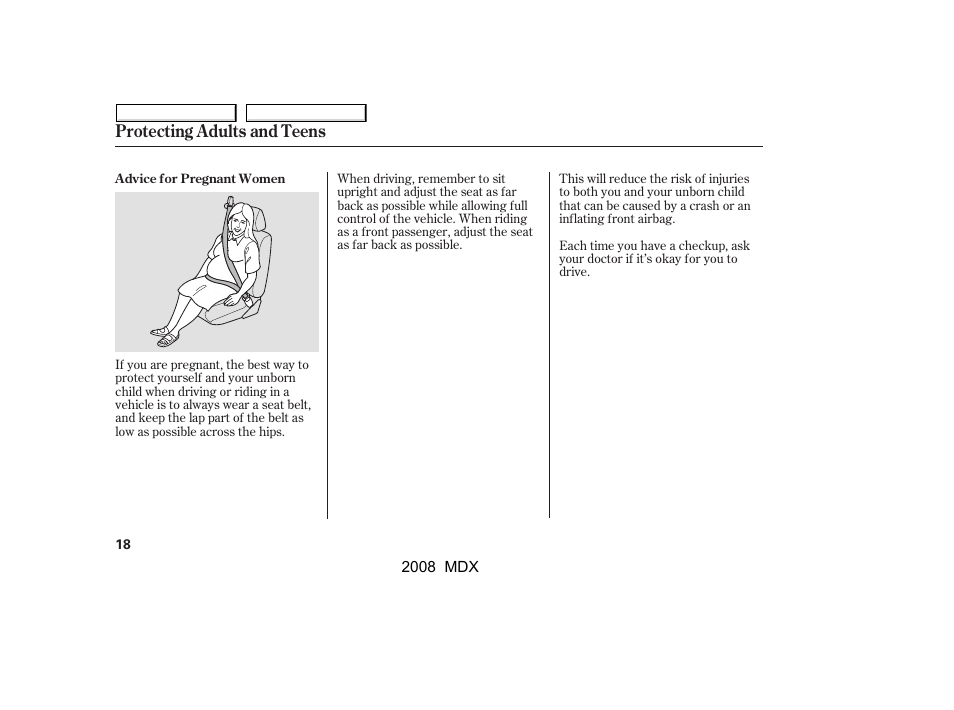 Protecting adults and teens | Acura 2008 MDX User Manual | Page 22 / 489